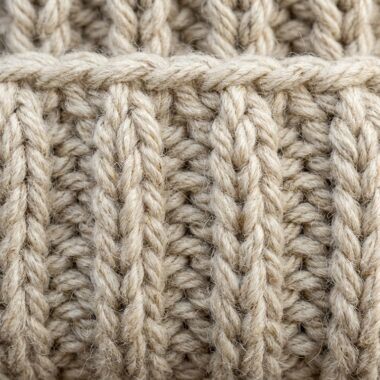 Ultra close-up macro texture of chunky ribbed crochet beanie stitches in natural oatmeal merino wool yarn
