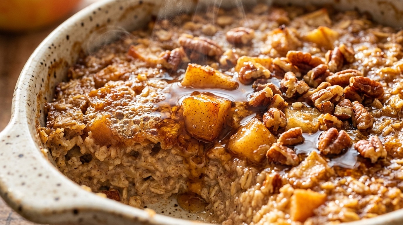 Ultra close up macro of golden baked apple pie oatmeal with caramelized honeycrisp apples and pecans