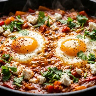 Ultra close-up of authentic shakshuka with poached eggs and feta cheese in cast iron skillet