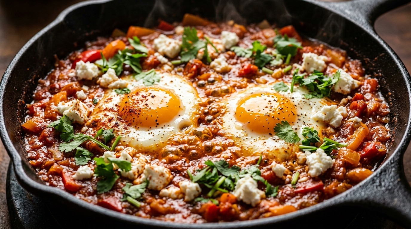 Ultra close-up macro of sizzling shakshuka with poached eggs and feta in cast iron skillet