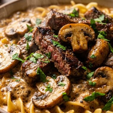 Ultra close up of creamy beef stroganoff with sautéed mushrooms over egg noodles
