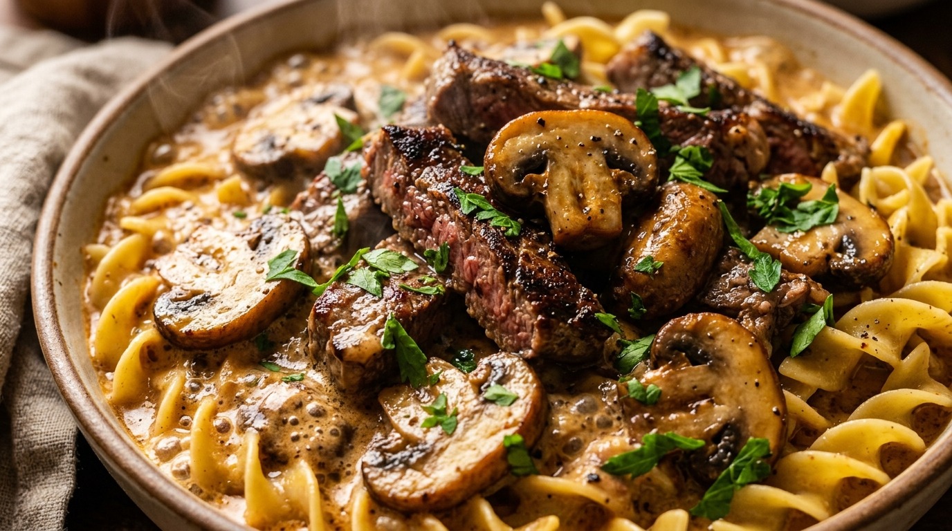 Ultra close-up of creamy beef stroganoff with sautéed mushrooms over egg noodles
