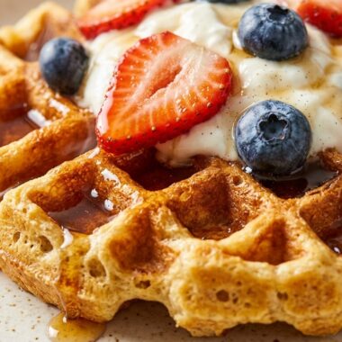 Ultra close up macro of golden crisp Belgian protein waffles with greek yogurt and fresh berries