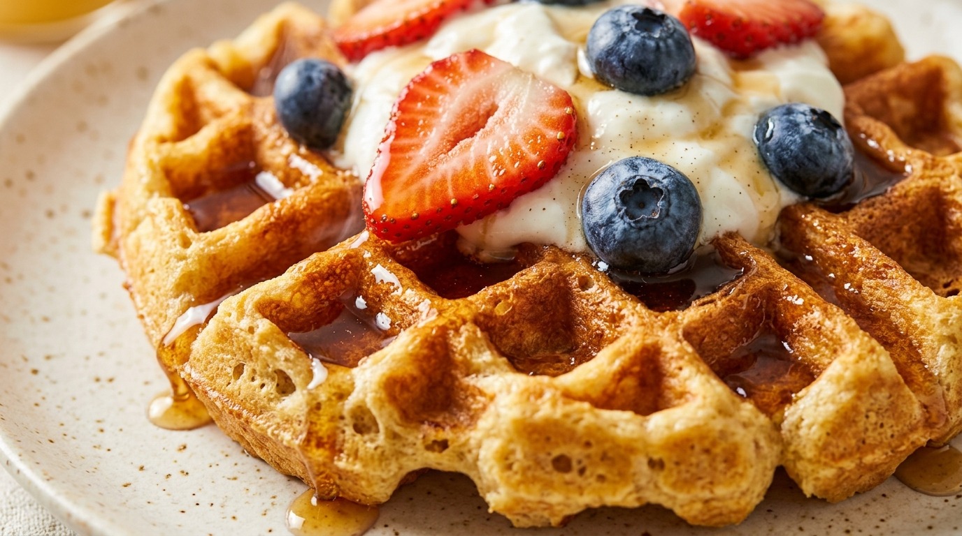 Ultra close up macro of golden crisp Belgian protein waffles with greek yogurt and fresh berries