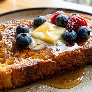 Ultra close-up macro of golden brioche french toast with melting butter, fresh berries, and maple syrup