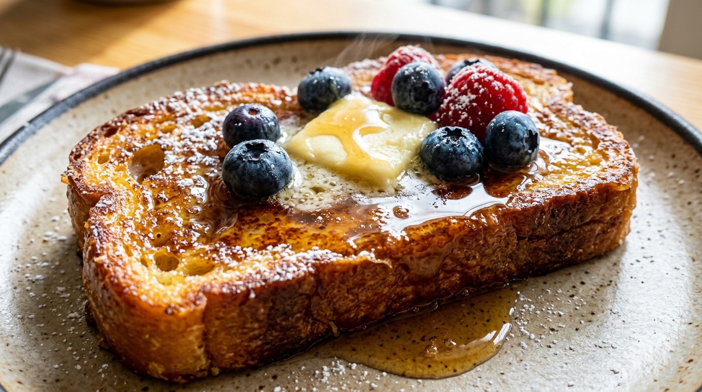 Ultra close-up macro of golden brioche french toast with melting butter, fresh berries, and maple syrup