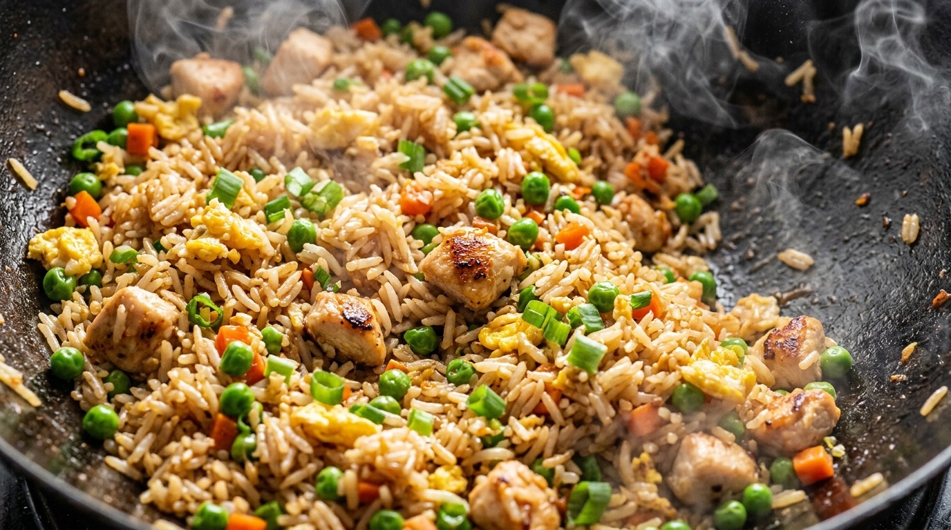 Sizzling chicken fried rice in wok with golden chicken, scrambled eggs, green onions, and savory soy sauce