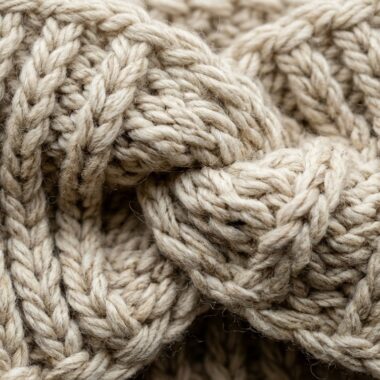 Ultra close up macro texture of chunky ribbed twisted crochet ear warmer headband in oatmeal merino wool