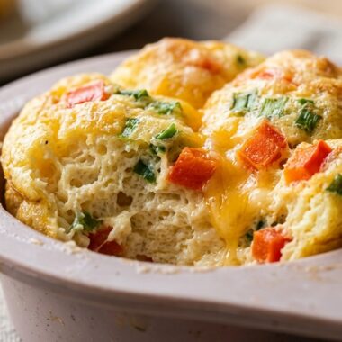 Fluffy golden cottage cheese egg bites baked in silicone cups with melted cheddar and bell peppers