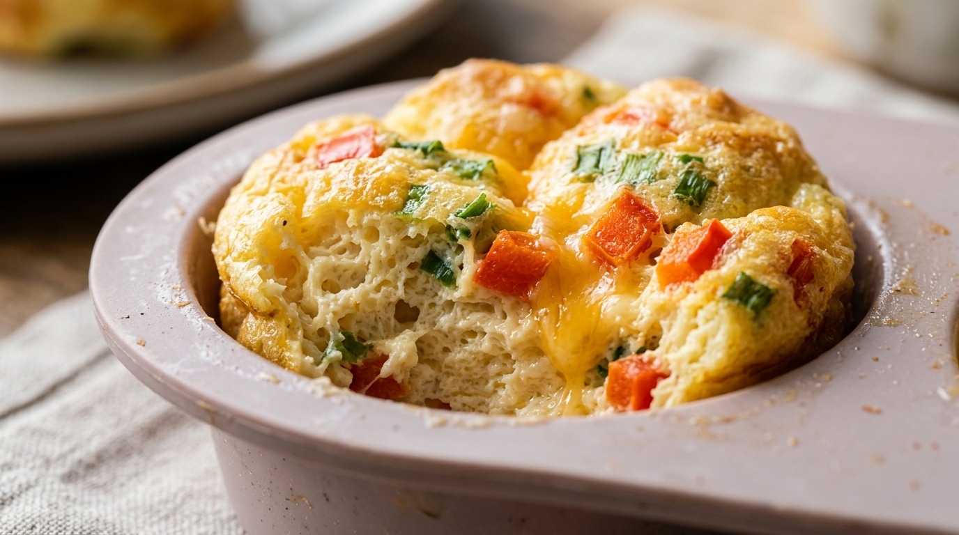 Fluffy golden cottage cheese egg bites baked in silicone cups with melted cheddar and bell peppers