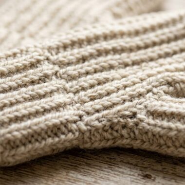 Close-up macro of handmade textured ribbed crochet fingerless mittens in oatmeal heather wool on rustic wood