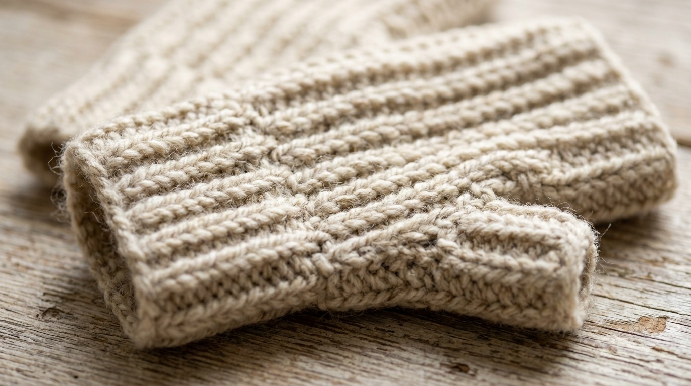 Macro close up of handmade textured ribbed crochet fingerless mittens in oatmeal wool on rustic wood table