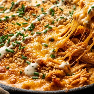 Bubbling baked buffalo chicken mac and cheese with crispy panko topping and cheese pull