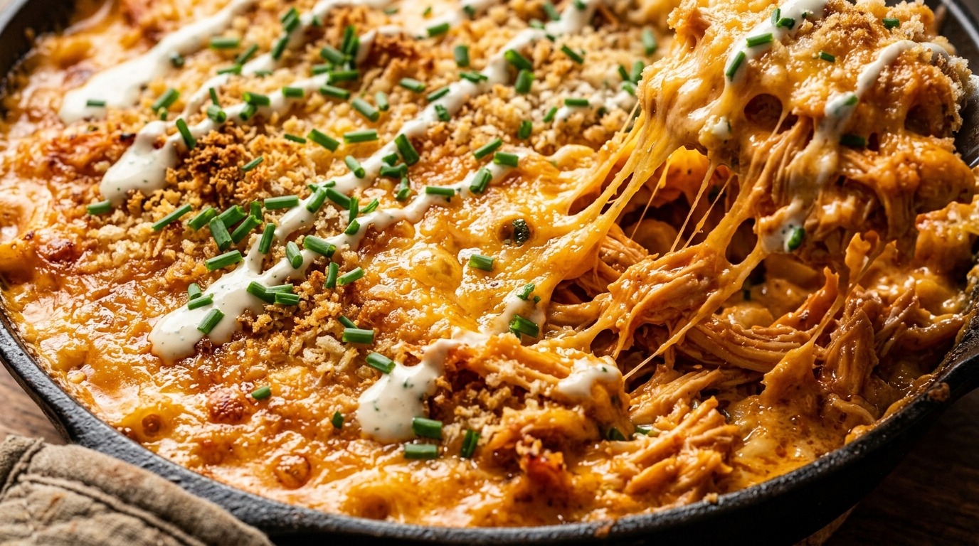 Bubbling baked buffalo chicken mac and cheese with crispy panko topping and cheese pull