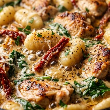 Creamy garlic parmesan chicken gnocchi sizzling in cast iron skillet with baby spinach and sun-dried tomatoes