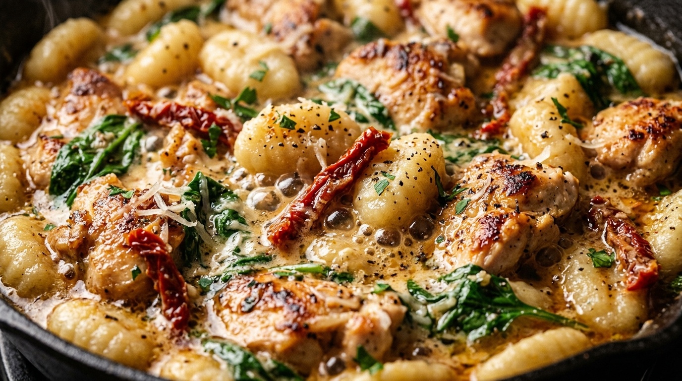 Ultra close-up macro of creamy garlic parmesan chicken gnocchi sizzling in cast iron skillet with baby spinach and sun-dried tomatoes