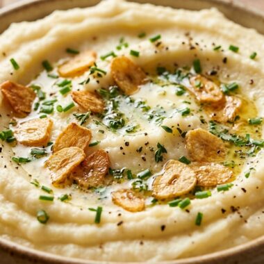Ultra creamy garlic mashed cauliflower in shallow ceramic bowl garnished with melted herb butter, crispy garlic chips, and fresh chives