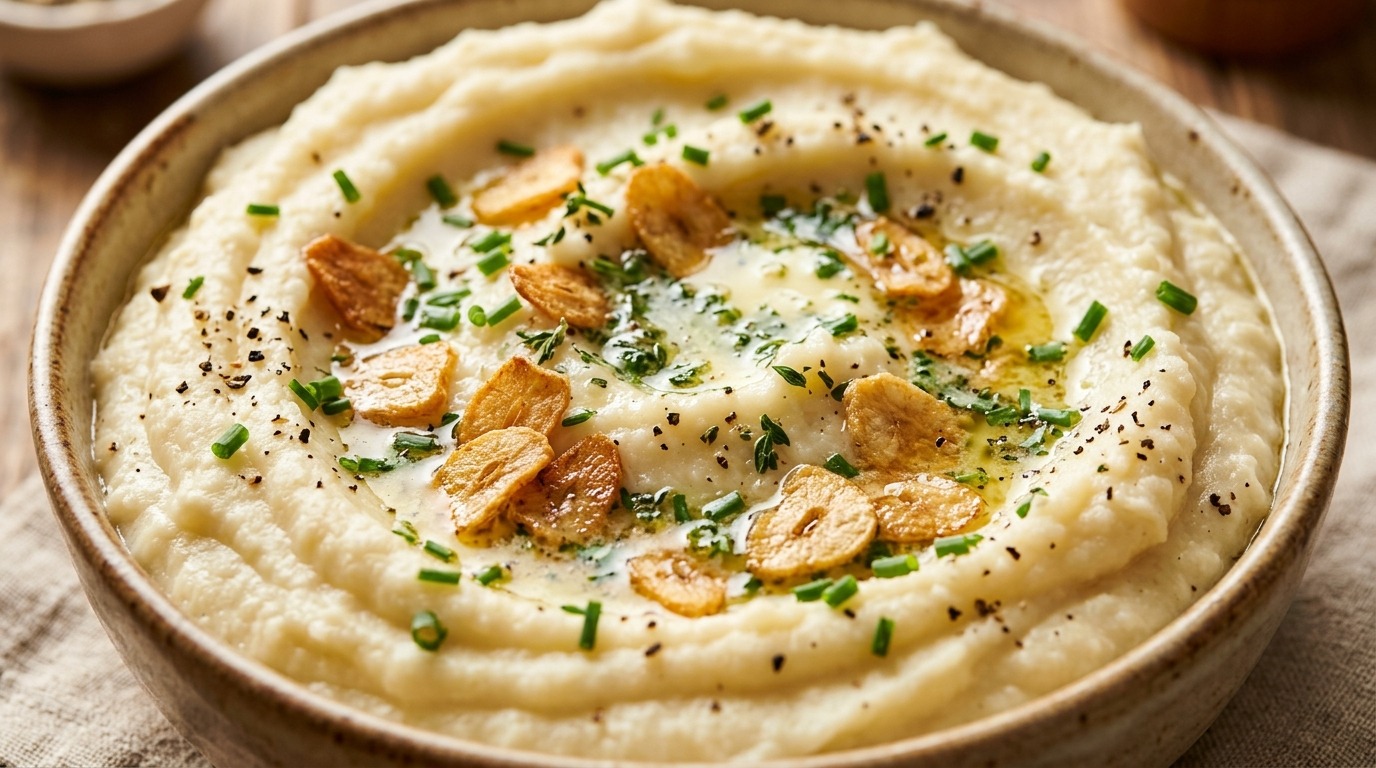 Ultra creamy garlic mashed cauliflower in shallow ceramic bowl garnished with melted herb butter, crispy garlic chips, and fresh chives