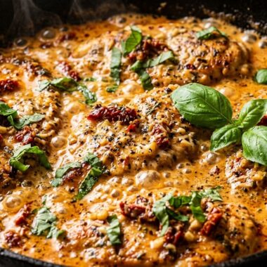 Ultra close-up macro of creamy marry me chicken cutlets in skillet with sun-dried tomatoes and basil