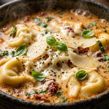 Ultra close-up macro of creamy tomato basil tortellini soup with melted cheese in rustic bowl