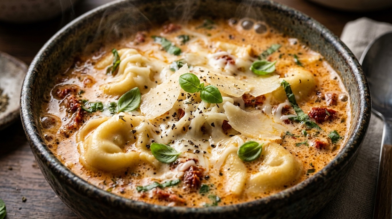 Ultra close-up macro of creamy tomato basil tortellini soup with melted cheese in rustic bowl