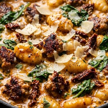 Ultra close-up macro of creamy Tuscan sausage gnocchi with sun-dried tomatoes and spinach in skillet