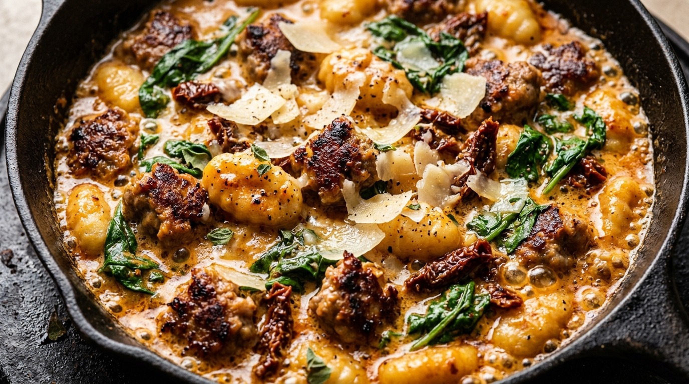 Ultra close-up macro of creamy Tuscan sausage gnocchi with sun-dried tomatoes and spinach in skillet