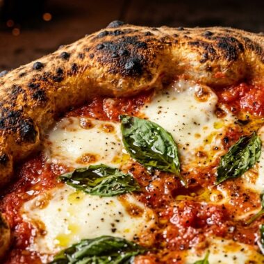 Artisanal blistered sourdough pizza Margherita with leopard spotted crust and fresh basil
