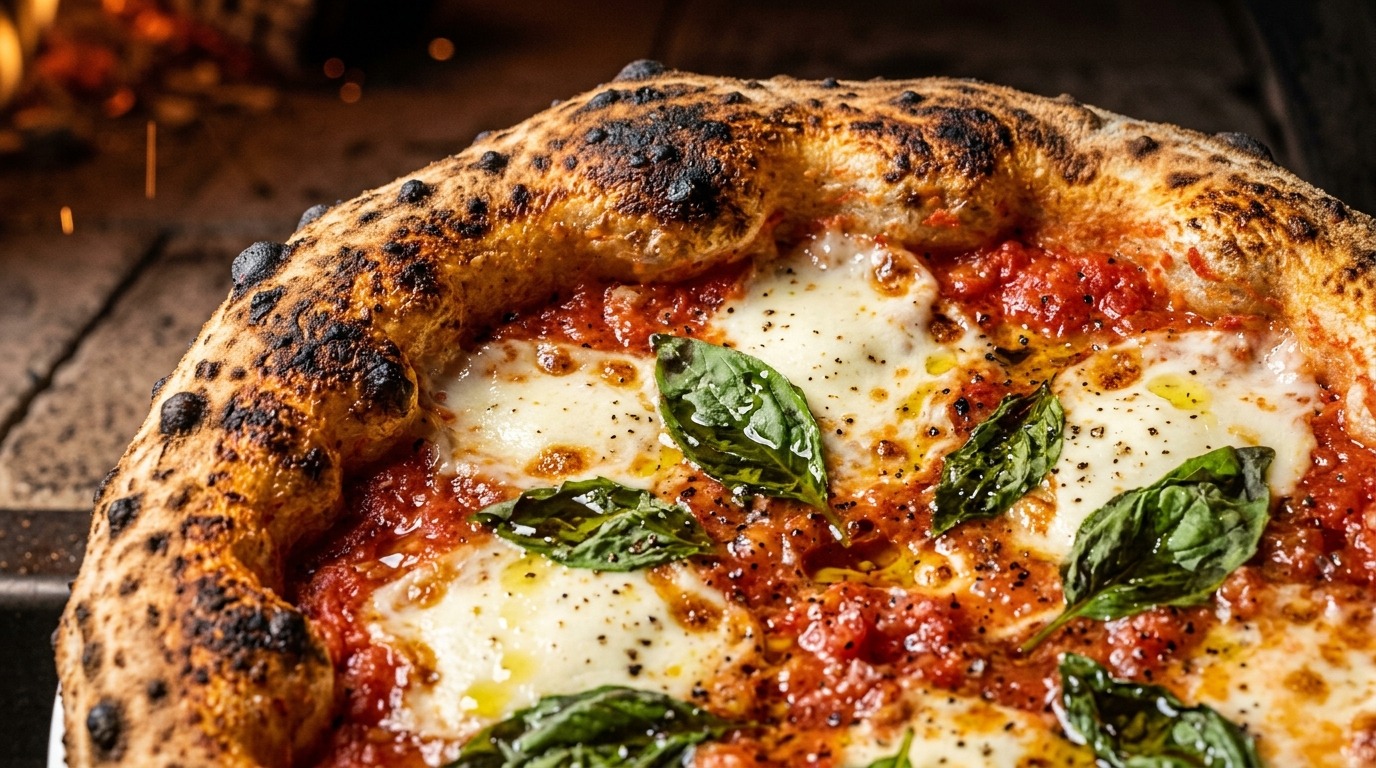 Artisanal blistered sourdough pizza Margherita with leopard spotted crust and fresh basil