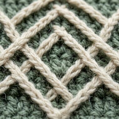 Ultra close up macro photography of handmade crochet alpine stitch swatch in sage green and cream wool with raised diamond ridges