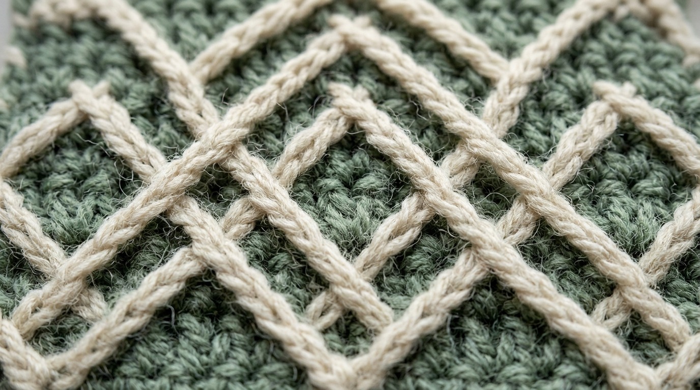 Ultra close up macro photography of handmade crochet alpine stitch swatch in sage green and cream wool with raised diamond ridges