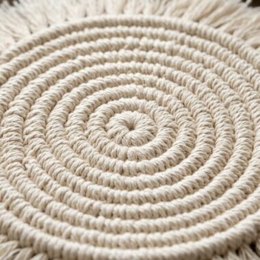 Ultra close up macro photography of handmade round boho crochet coaster in natural ivory cotton cord with combed fringe trim