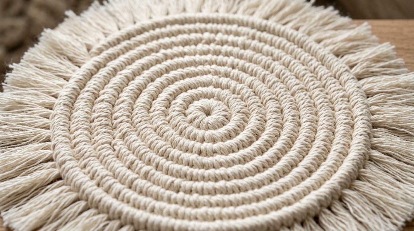 Ultra close up macro photography of handmade round boho crochet coaster in natural ivory cotton cord with combed fringe trim
