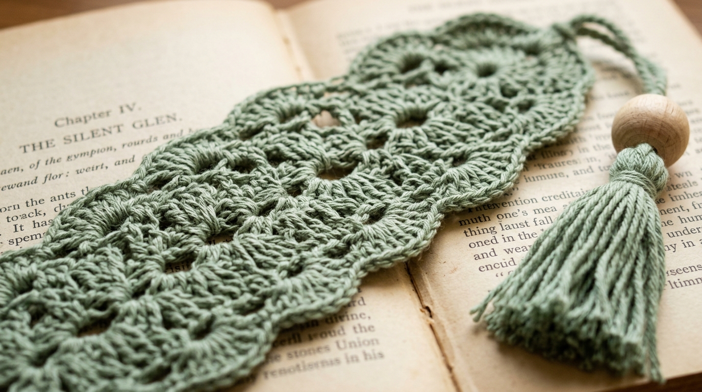 Ultra close-up macro of crochet lace bookmark in sage green cotton with wooden bead and tassel on vintage novel pages