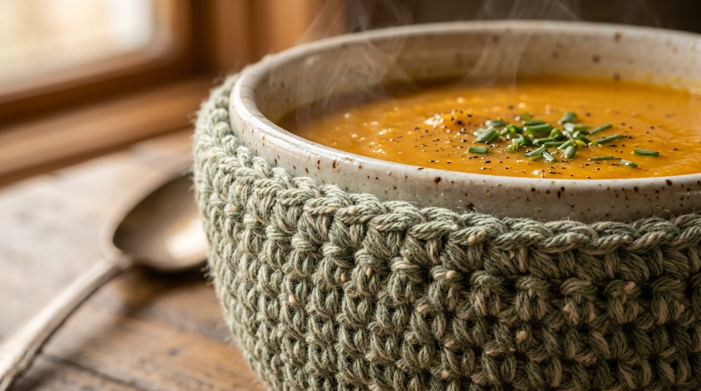 Ultra close-up macro of crochet bowl cozy in textured sage green cotton yarn hugging a ceramic soup bowl