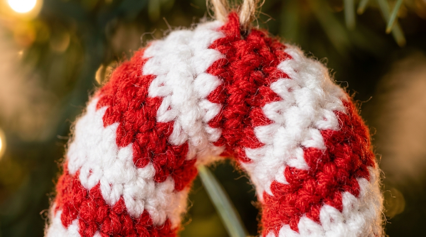 Ultra close-up macro of crochet candy cane ornament with red and white spiral peppermint stripes on pine branch