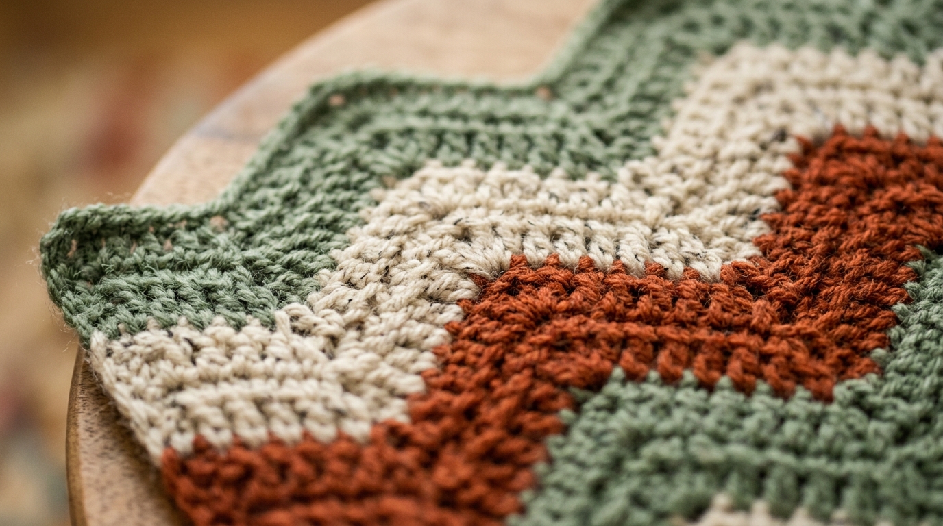 Ultra close-up macro of crochet chevron ripple blanket swatch in sage green cream and terracotta wool yarn
