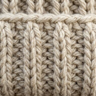 Ultra close up macro photography of handmade chunky ribbed crochet beanie hat in oatmeal wool with folded brim