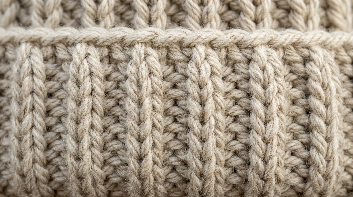 Ultra close up macro photography of handmade chunky ribbed crochet beanie hat in oatmeal wool with folded brim