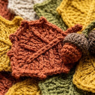 Ultra close up macro photography of handmade crochet autumn fall leaves and acorns in rich rust terracotta, mustard yellow, and olive green wool yarn