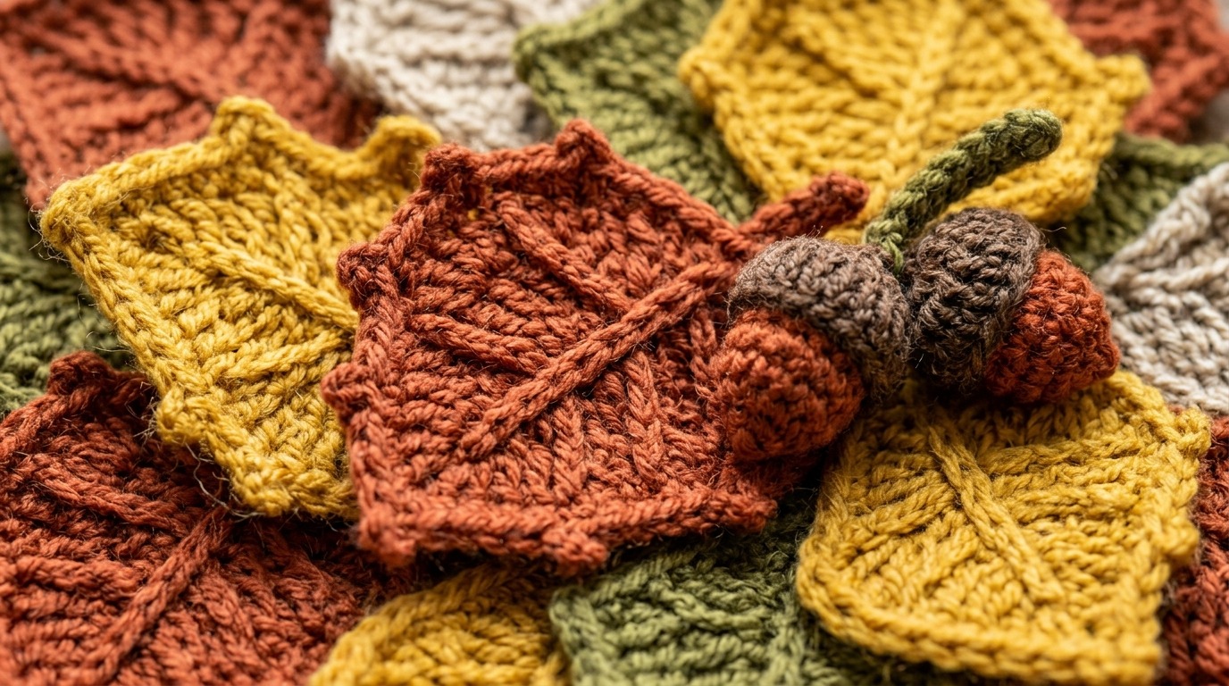 Ultra close up macro photography of handmade crochet autumn fall leaves and acorns in rich rust terracotta, mustard yellow, and olive green wool yarn