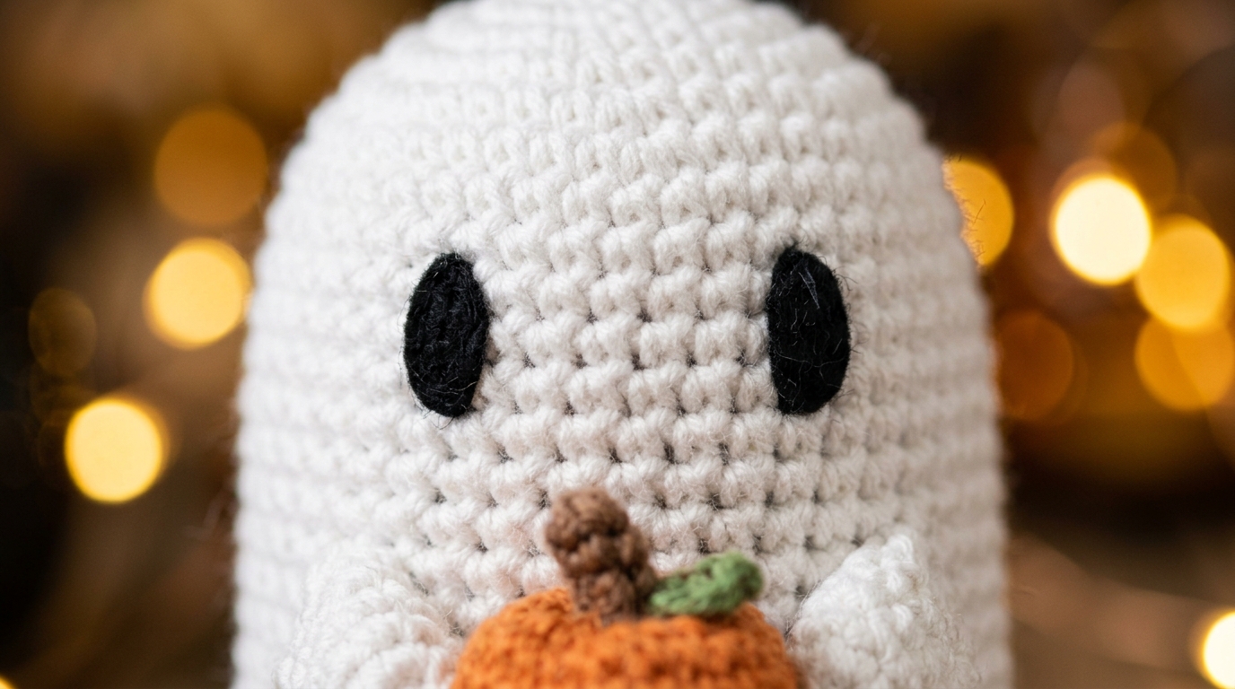 Ultra close-up macro of cute handmade white crochet amigurumi ghost holding a tiny pumpkin