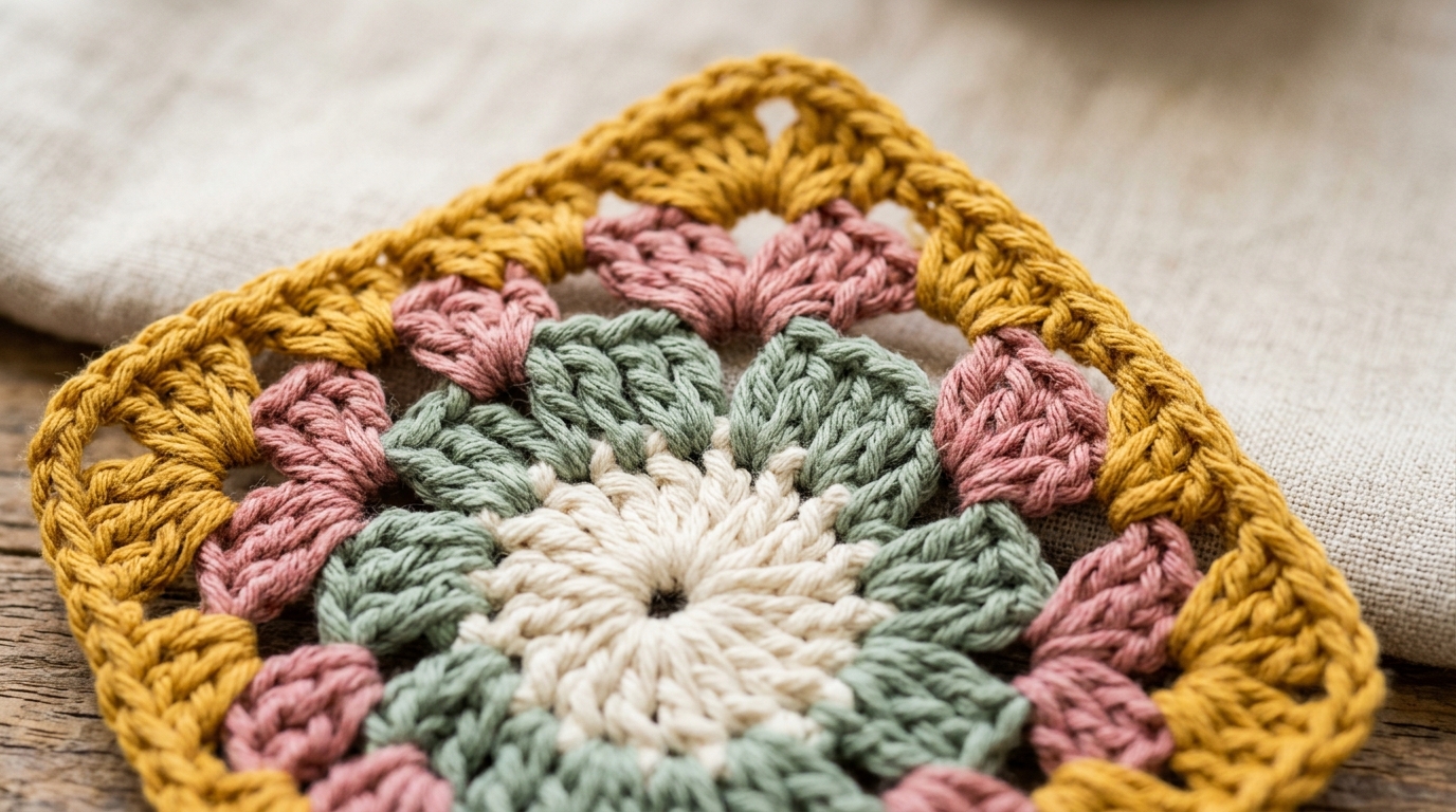 Ultra close-up macro of classic crochet granny square in cream sage rose and mustard cotton yarn