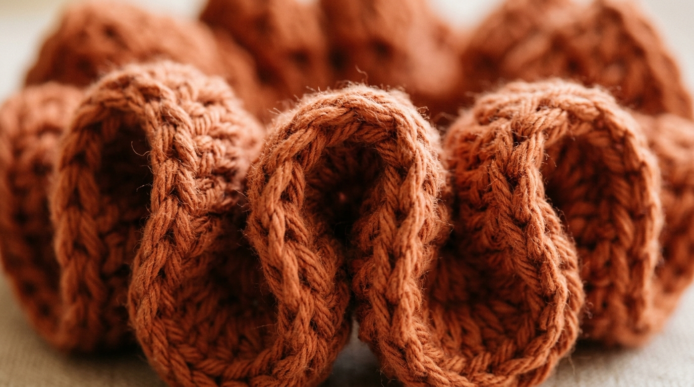 Ultra close-up macro of ruffled crochet hair scrunchie in terracotta cotton yarn