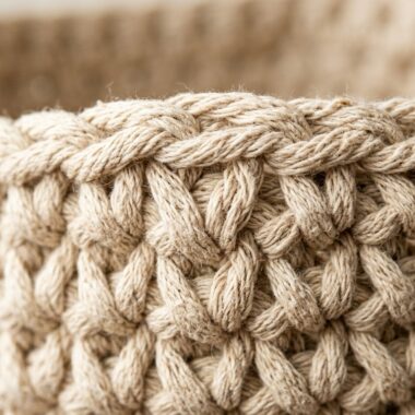 Ultra close up macro texture of handmade crochet hanging basket in cream cotton cord yarn