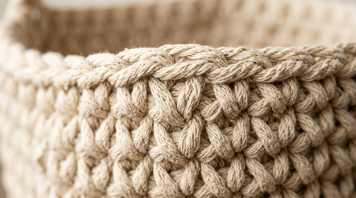 Ultra close up macro texture of handmade crochet hanging basket in cream cotton cord yarn