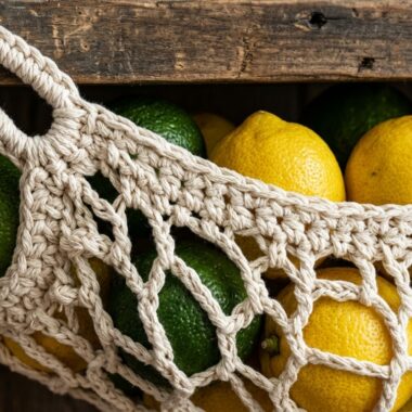 Close-up macro of handmade cotton crochet mesh fruit hammock holding fresh lemons and limes under wooden cabinet