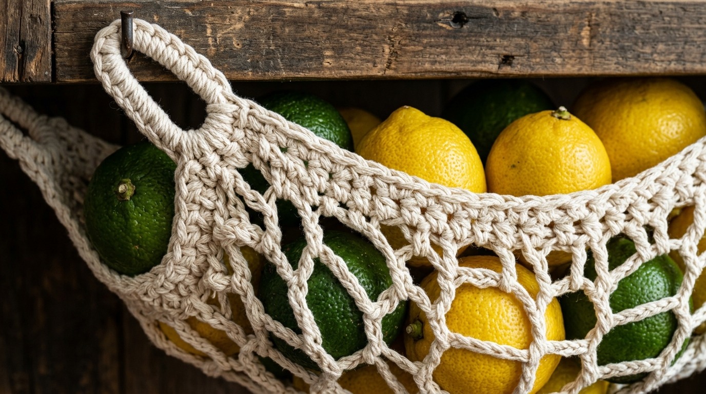 Close up macro texture of handmade cotton crochet mesh fruit hammock holding fresh lemons and limes under rustic cabinet