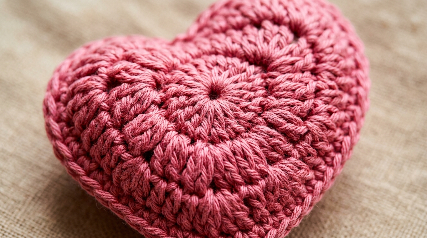 Ultra close-up macro of handmade crochet heart in blush pink and rose cotton yarn with defined stitches