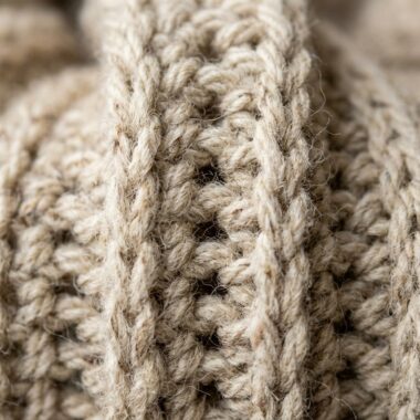 Ultra close up macro texture of handmade chunky crochet infinity scarf in oatmeal cream ribbed wool yarn